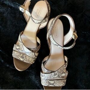 Coach Snake-Print Strappy Ankle-Heel Sandals in Beige and Brown